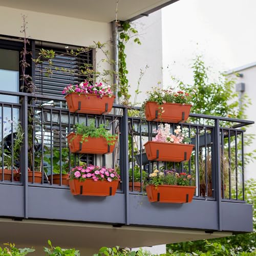 OYEAL Hanging Flower Pots for Railing Fence Outdoor Window Boxes Planter with Adjustable Hooks, Set of 2 Deck Rail Planters with 6 Detachable Plastic Planter Boxes, Drainage Holes, Brick Red - color: Brick Red