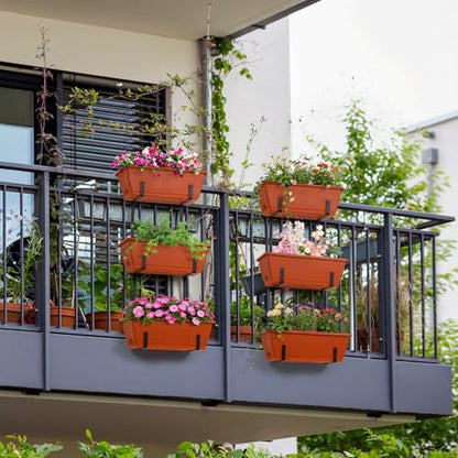 OYEAL Hanging Flower Pots for Railing Fence Outdoor Window Boxes Planter with Adjustable Hooks, Set of 2 Deck Rail Planters with 6 Detachable Plastic Planter Boxes, Drainage Holes, Brick Red - color: Brick Red