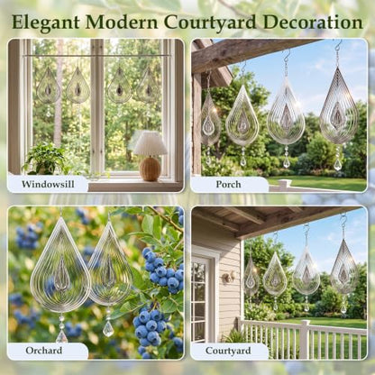 4 PCS 19" 3D Hanging Wind Spinners Water Droplets Stainless Steel Double Sided Hanging Decor for Outdoor and Gardens, Bird Devices Deterrent to Scare Birds Away from Yard Patio Farm