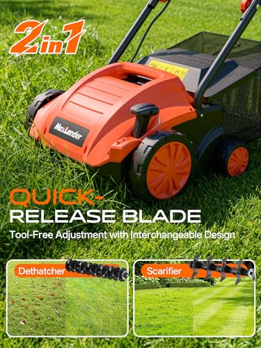 MAXLANDER 13 Inch Electric Dethatcher and Scarifier, 12 Amp Lawn Dethatcher with 4-Position Depth Adjustment, 30L Thatch Bag, 2-in-1 Walk Behind for Lawn Garden Care Removing Thatch - color: Orange/Black