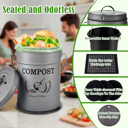 AOSION 1 Gallon Countertop Compost Bin for Kitchen with Lid,Odor Resistant - color: Grey(Non-Slip Mat & Drainage Mat)