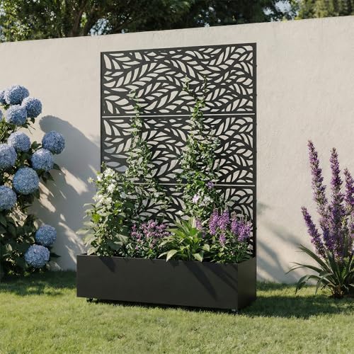 Metal Raised Garden Bed with Trellis and Wheels, 71"x47"x16" (Black-Leaf) - color: Black-leaf, size: 71"x47"x16"