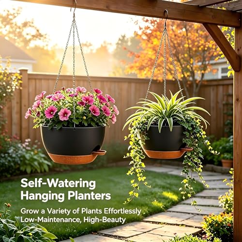 2 Pack 12 Inch Self‑Watering Hanging Planters Plant Pots, Black‑Brown - color: Black Brown