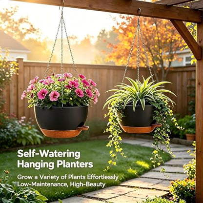 2 Pack 12 Inch Self‑Watering Hanging Planters Plant Pots, Black‑Brown - color: Black Brown