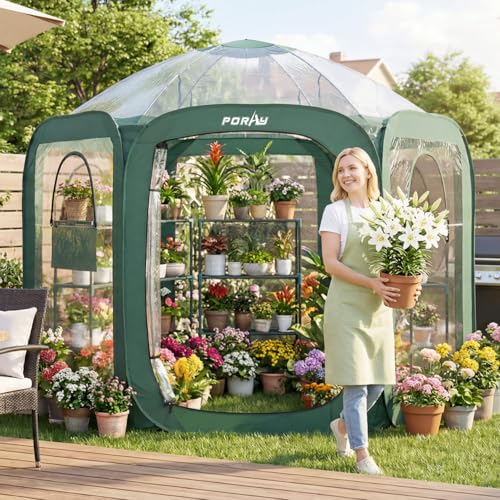 Porayhut Pop up Greenhouse Tent,Portable Large Walk-in Plant House 10’X10’ ,Indoor Outdoor Gardening Plant Sunshine Room with PVC Mesh Cloth Cover for Protecting Plant from Cold Frost & Birds - style: 90.6"Tall Green Greenhouse