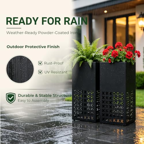 2 Pack Tall Metal Planter Box for Outdoor Plants, 14"L x 14"W x 30.27"H - size: 14"L x 14"W x 30.27"H