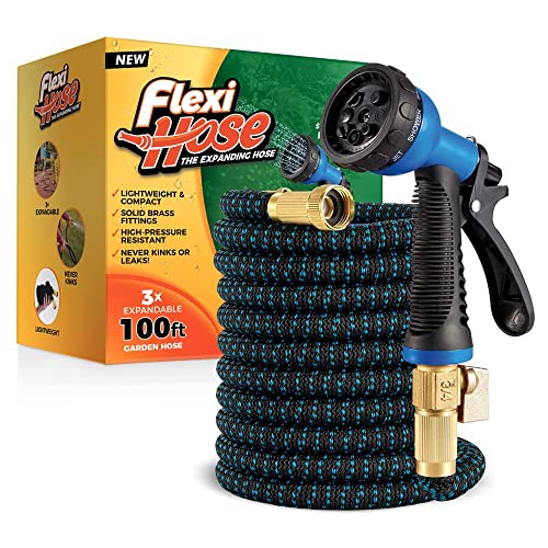 Flexi Hose Expandable Garden Hose with 8 Function Nozzle, 100FT - Lightweight Retractable Garden Hose, Water Hose - No-Kink Flexibility, 3/4 Inch Solid Brass Fittings and Double Latex Core - size: 100ft