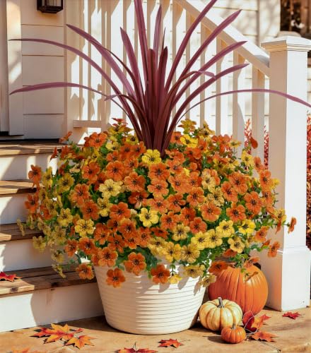 HyeFlora Artificial Fall Flowers Faux Mums for Outdoor Indoor Garden Home Decoration, Faux Flower Daisy with Orchid Leaf Fake Mums Plants Greenery Boxwood Porch Patio, 12 Bundles (OrangeYellow) - color: Orangeyellow