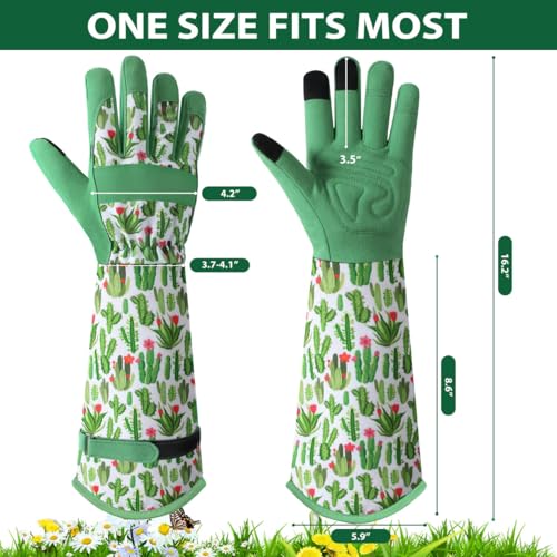 Gardening Gloves for Women, Long Garden Gloves with Grip, Thorn-Proof, Gift - color: Green - Cactus