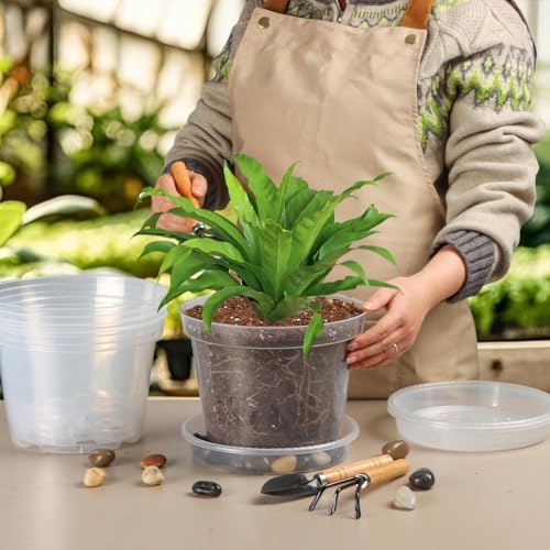 7 Pack 8 Inch Clear Nursery Pots with Saucer, Transparent Plastic Plant Pot with Drainage Holes, Sturdy Plant Starter Pots, Planter Pot for Planting Succulent Flower Herb Vegetable, Gardening Gifts - size: 8 Inch-7P