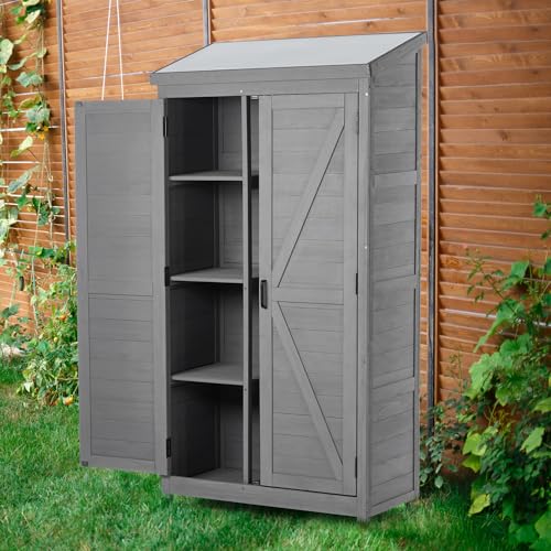 Outdoor Wooden Storage Shed, 68.5" Tall Potting Bench Cabinet with Waterproof Metal Top, Vertical Tool Organizer with Removable Shelves & Magnetic Door for Patio, Garden, Backyard, Grey - color: Gray