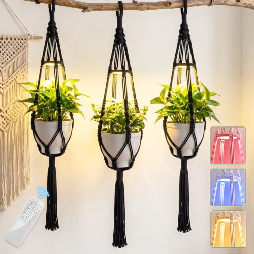 Huquary 3 Pack Macrame Hanging Plant Hanger with Grow Light,Black - color: Black