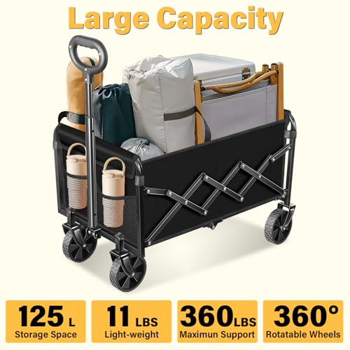 Collapsible Wagons Carts Foldable, 360Lbs Foldable Wagon with Wheels - color: Black