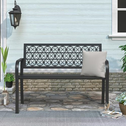 50" Outdoor Bench, Metal Weatherproof Garden Bench Cast Iron Heavy-Duty Patio Bench with Decorative Backrest for Proch Park 880lb Capacity - style: Clover-Black