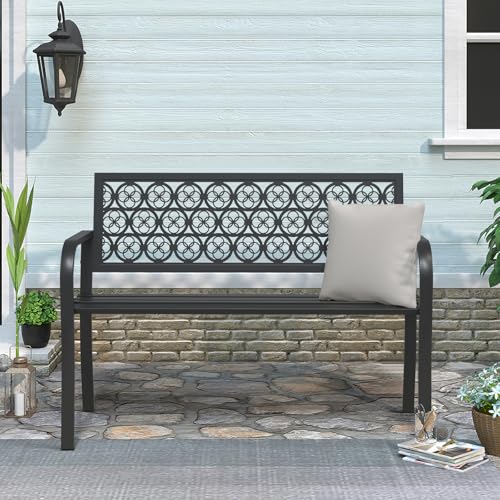 50" Outdoor Bench, Metal Weatherproof Garden Bench Cast Iron Heavy-Duty Patio Bench with Decorative Backrest for Proch Park 880lb Capacity - style: Clover-Black