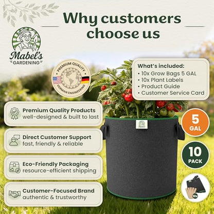 Mabel's Gardening 10-Pack 5 Gallon Grow Bags - Garden Planting Bags 11.0 x 12.2 INCH Made of 8.85 oz/yd² (300g/m²) Felt & Fleece Fabric Plant Pot, Plant Bag, Grow Bag for Strawberry Chilli Tomato - color: 10-pack, size: 5 Gallon