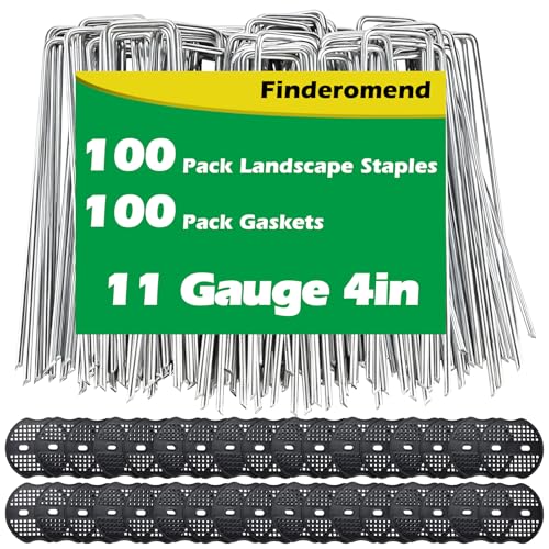 100 Pack Landscape Staples and 100 Pack Gaskets,11 Gauge 4" Galvanized Steel Garden Staples with Black Pads,Landscape Pins Turf Staples for Weed Barrier Grass - size: 4in