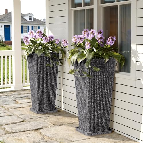 Square Tall Planters for Outdoor Plants with Tray - 24" Gray 2Pack - color: Grey-sandblasting