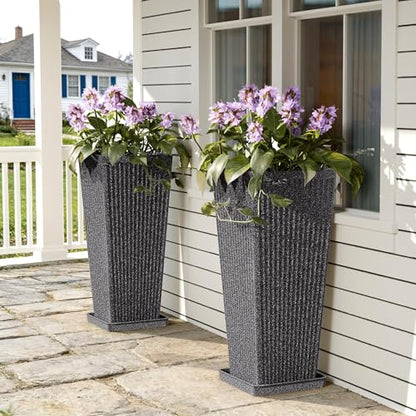 Square Tall Planters for Outdoor Plants with Tray - 24" Gray 2Pack - color: Grey-sandblasting