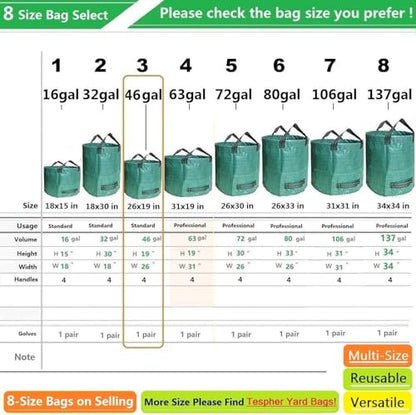 Standard 3-Pack 46 Gallon Lawn Garden Bags Big (D26,H19 in) Yard Waste Bags with Gardening Gloves for Leaf Bag,Yard Debris,Camping Waste,Garden Trash Container,Lawn Grass Clippings,Weeds Bag 4 Handles