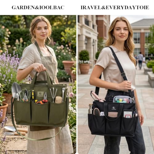 Garden Tool Bag with 9 Pockets & Shoulder Strap, Heavy Duty Gardening Tote Organizer for Tools, Gloves & Supplies, Black