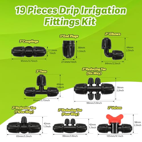 19 Pieces 1/2 Inch Drip Irrigation Fittings Kit, 1/2'' Drip Line Barbed Fittings for 1/2 Inch Irrigation Tubing (1/2" ID x 0.650" OD) Anti-Leak Lock Nut Connectors for Garden Drip System - size: 1/2" Fittings Kit-19P