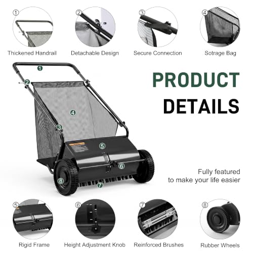 DRMBOOK Push Lawn Sweeper, Manual Leaf & Grass Collector, 26-Inch Black - color: Black, size: 26-Inch