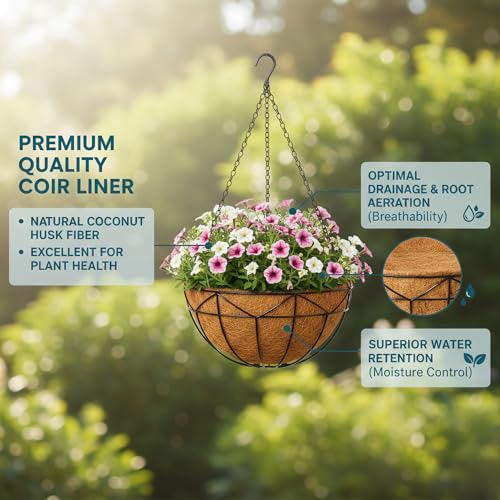 Unique Metal Iron Geometric Hanging Planter Set of 4 Stylish 12 Inch Extra Deep Coco Liner Breathable Heavy Duty Balcony Tree Hanging Basket Drop Weatherproof （Geometric Patterns） - color: Geometric