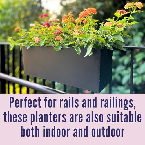 LaLaGreen Railing Planter Boxes (14 Inch, 2 Pack) Self-Watering Window Box Planters with Brackets, Rectangular Hanging Flower Pots for Balcony Deck Fence, Outdoor Herb Garden Plastic Planters Black - size: 14" x 2 Pack (with Bracket)