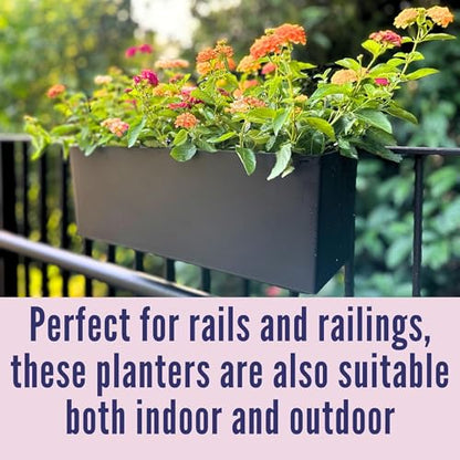 LaLaGreen Railing Planter Boxes (14 Inch, 2 Pack) Self-Watering Window Box Planters with Brackets, Rectangular Hanging Flower Pots for Balcony Deck Fence, Outdoor Herb Garden Plastic Planters Black - size: 14" x 2 Pack (with Bracket)