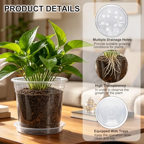 4/5/6/7 Inch 40 Pack Clear Plastic Nursery Pots with Drainage and Saucer - size: 4/5/6/7inch 40pack