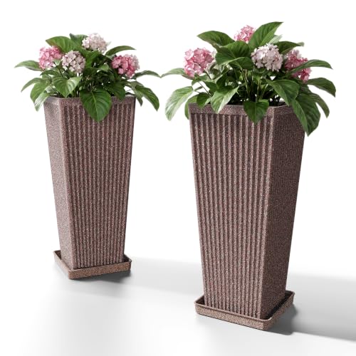 24" Tapered Tall Planters for Outdoor Plants with Tray&Shelf, Brown