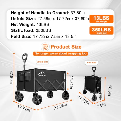 AMNOW 100L Collapsible Wagon Cart with All Terrain Wheels, 350LBS, Black - color: Black-6