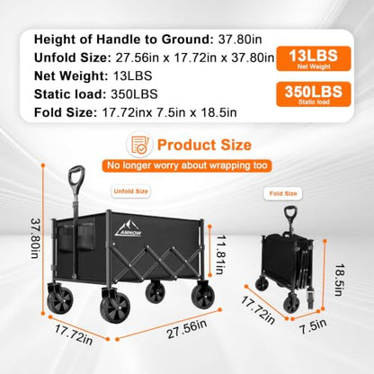 AMNOW 100L Collapsible Wagon Cart with All Terrain Wheels, 350LBS, Black - color: Black-6
