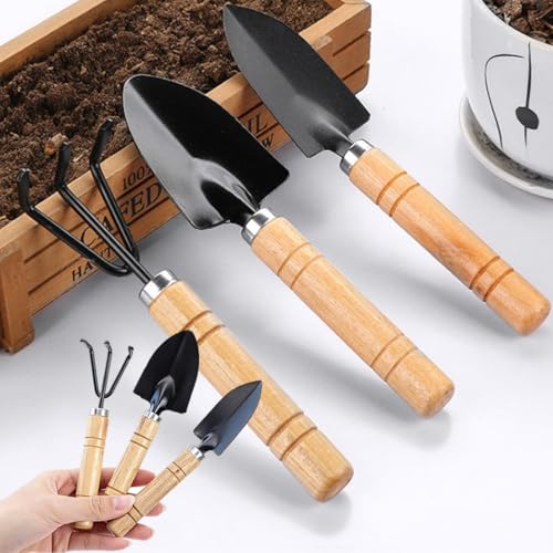 6Pcs Mini Gardening Tool Set, Shovel, Spade, Rake Kit with Ergonomic Wooden Handles, Ideal for Planting, Weeding, Cultivating, Gardening Plant Tool for Cactus Herbs Indoor Miniature Plants (2 Sets)