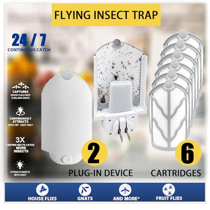 Flying Insect Trap for Indoor Use (2 Starters & 6 Refill Cartridges), UV Light Bug Catcher for Fruit Flies, Gnats & Small Flying Pests, Silent, No-Zap, Mess-Free - style: 2 Starter & 6 Refill