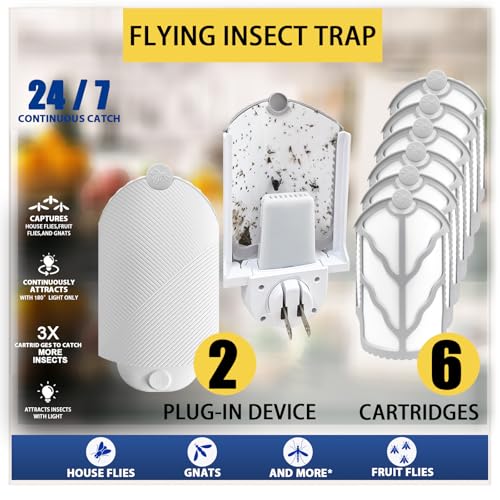 Flying Insect Trap for Indoor Use (2 Starters & 6 Refill Cartridges), UV Light Bug Catcher for Fruit Flies, Gnats & Small Flying Pests, Silent, No-Zap, Mess-Free - style: 2 Starter & 6 Refill