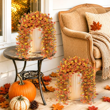 6 Pcs Artificial Hanging Mums for Outdoors, UV Resistant Fake Fall Flowers - color: Yellow Orange