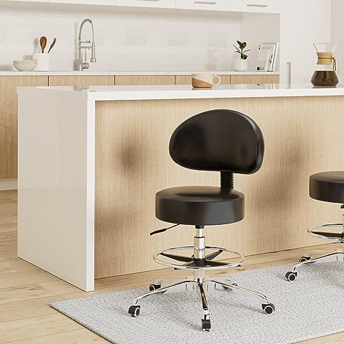 Grace&Grace Height Adjustable Swivel Rolling Stool with Back Extra Thick Seat for Ultimate Comfort for Salon, Studio, Shop, Kitchen (Black,with Foot Rest) - style: Classic with Back