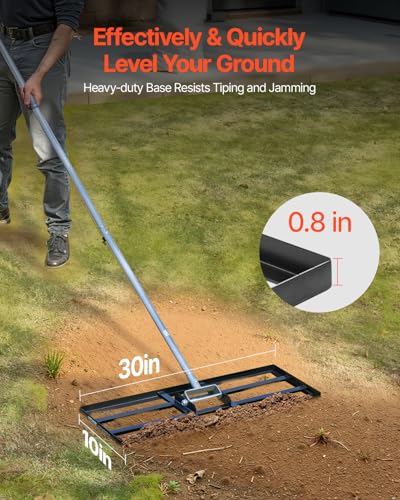 VEVOR Lawn Leveling Rake, Lawn Leveler with 83.9 in Handle, 30x10 in Ground Plate, Rust-Resistant Carbon Steel Soil Leveler, 3 Heights Adjustable, Effort Saving Lawn Leveling Tool for Yard Golf Court - size: 30x10 in, style: Classic: Carbon Steel