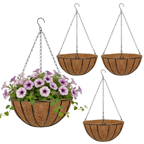12 Inch Metal Hanging Basket with Coco Coir Liner for Flowers Planting, 4 Pack Hanging Baskets for Plants Outdoor, Round Wire Planters with Chain for Home Patio Porch Balcony Garden Decor - size: 12" & 4 Pcs