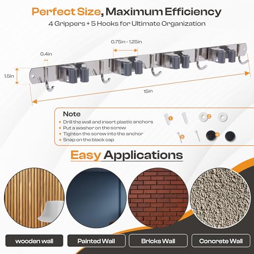 Stainless Steel Broom Holder Wall Mount, 4 Racks & 5 Hooks - size: 4 Racks & 5 Hooks