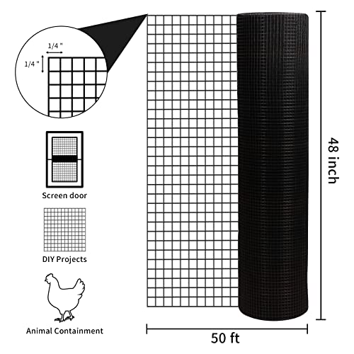 Hardware Cloth PVC Coated Wire Mesh 48'' x 50' 1/4inch Mesh Black Vinyl Coated Fence Chicken Wire Fencing 19 Gauge Chain Link Fence for Chicken Coop,Animal Control,Gutter Guard, and Home Improvement…