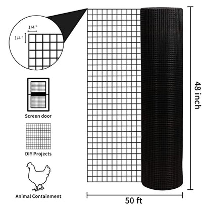 Hardware Cloth PVC Coated Wire Mesh 48'' x 50' 1/4inch Mesh Black Vinyl Coated Fence Chicken Wire Fencing 19 Gauge Chain Link Fence for Chicken Coop,Animal Control,Gutter Guard, and Home Improvement…