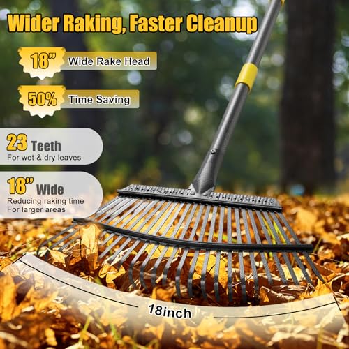 Garden Rake for Leaves: 18” Wide Metal Leaf Rake, 65” Long Adjustable Handle, Heavy Duty 25 Teeth, Fast Kids Women Large Lawn Yard Garden Leaf Cleanup Gardening Rakes: Grass,Debris,Pine Needles Pick - style: 25 tines-5ft