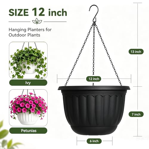 YIKUSH 12 Inch Hanging Planters for Outdoor Plants, 2 Pack Plastic Hanging Flower Pots with Drainage Hole & Tray, Hanging Basket Style Pots for Porch Patio Balcony Decor (Black) - color: Black