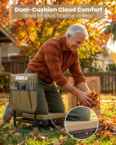 Aimerla K7 Foldable Garden Kneeler Seat, Upgraded Anti-Slip Base, 350LBS Capacity, 10.2" Wide EVA Pad & Detachable Cloud Cushion, 2-in-1 Kneeler Bench for Seniors, Gardening Gifts for Parents - color: Khaki