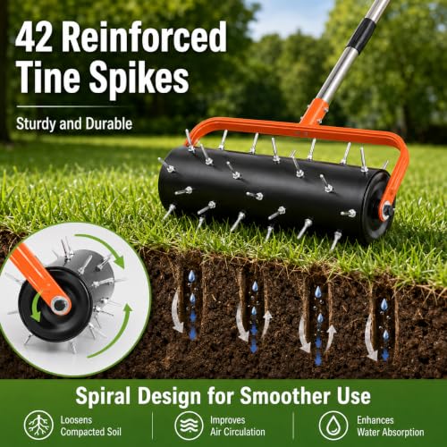 Rolling Lawn Aerator with 42 Spikes 15 Inch Manual Soil Penetrator