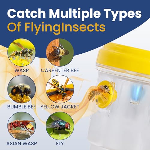 Solar Wasp Traps Outdoor Hanging 3 Pack Reusable Catcher with LED Light for Yellow Jackets Hornets Bees Flies Patio Porch Garden Backyard