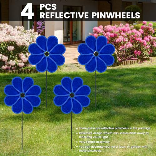 4PCS 11.4" W x 28" H Reflective Pinwheels Sparkly Lawn Wind Spinners Colorful Rainbow Windmill for Garden Decoration Bird Devices Deterrent to Scare Birds Away（Blue） - color: Blue